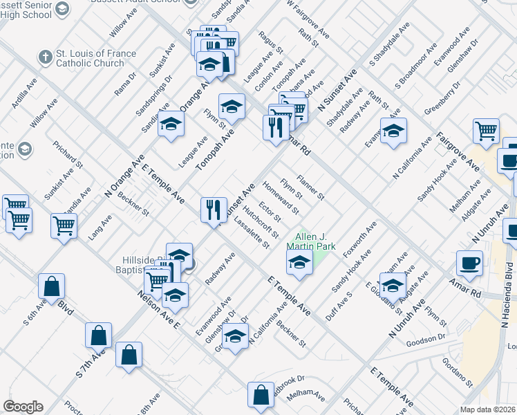 map of restaurants, bars, coffee shops, grocery stores, and more near 14558 Ector Street in La Puente
