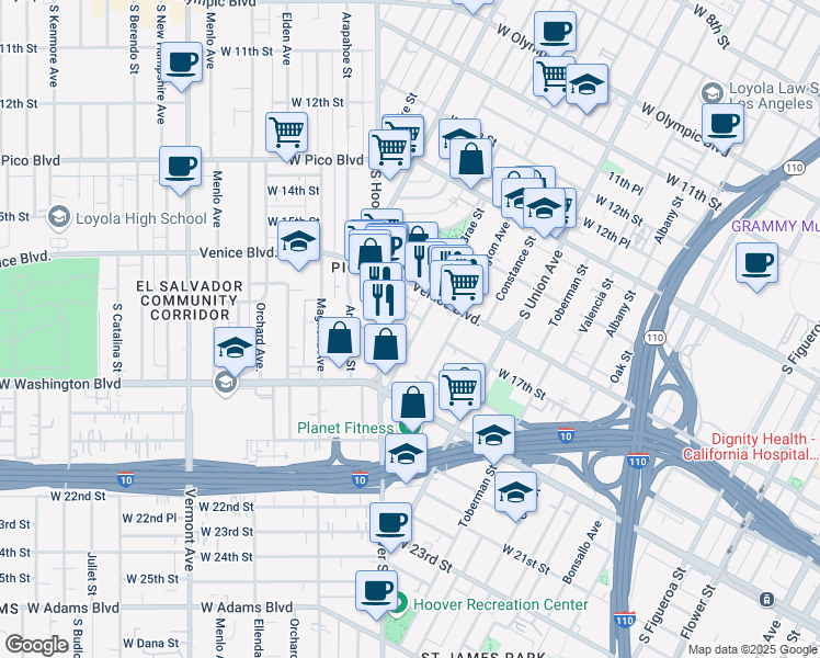 map of restaurants, bars, coffee shops, grocery stores, and more near 1611 South Bonnie Brae Street in Los Angeles