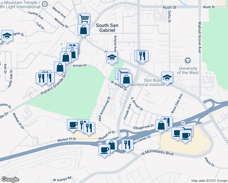 map of restaurants, bars, coffee shops, grocery stores, and more near 1829 Rainbow Terrace Lane in Montebello