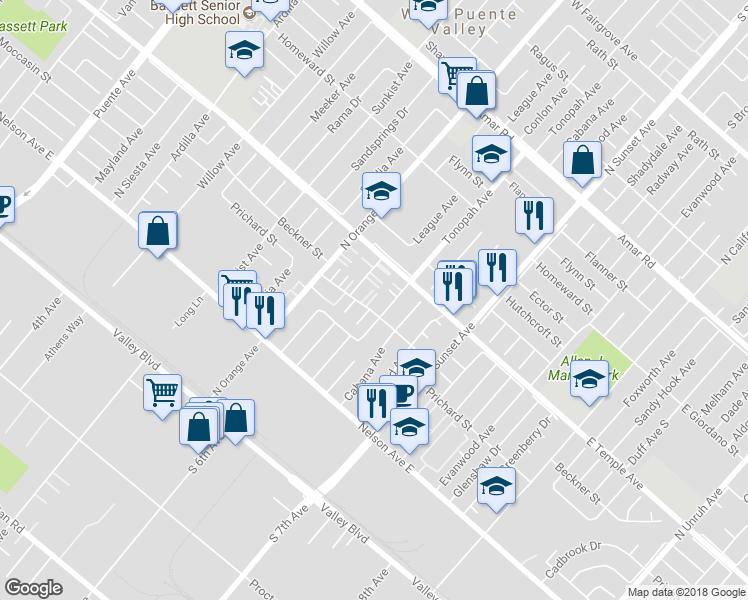 map of restaurants, bars, coffee shops, grocery stores, and more near 14429 Beckner Street in La Puente