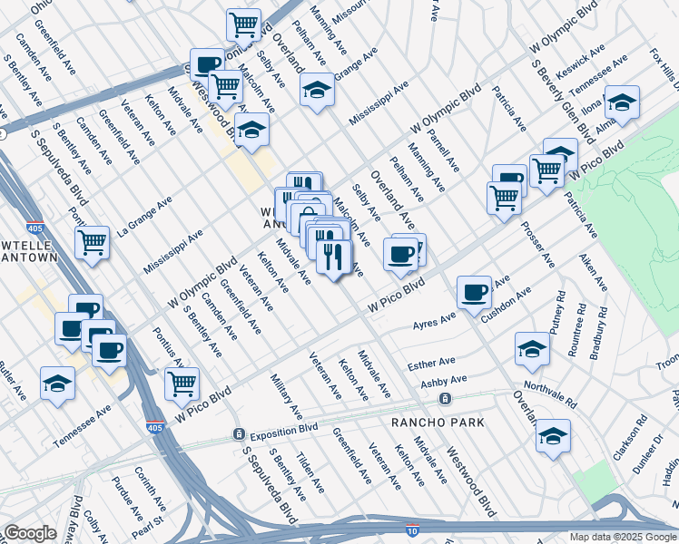 map of restaurants, bars, coffee shops, grocery stores, and more near 2336 Westwood Boulevard in Los Angeles