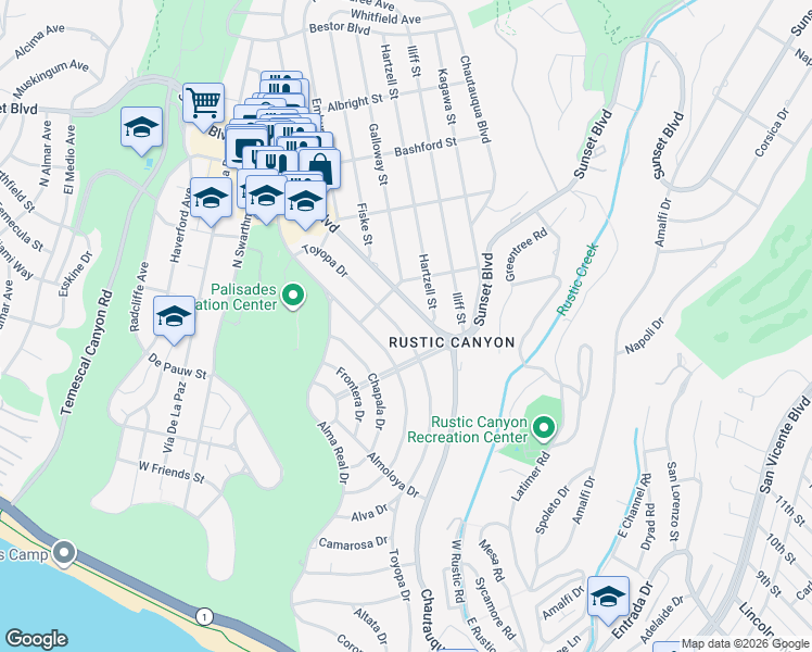 map of restaurants, bars, coffee shops, grocery stores, and more near 730 Toyopa Drive in Los Angeles