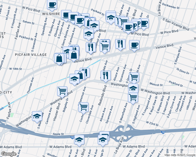 map of restaurants, bars, coffee shops, grocery stores, and more near 1890 Cochran Avenue in Los Angeles