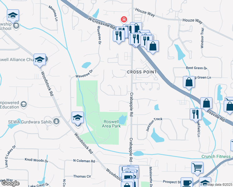 map of restaurants, bars, coffee shops, grocery stores, and more near 805 Doe Hill Lane in Roswell