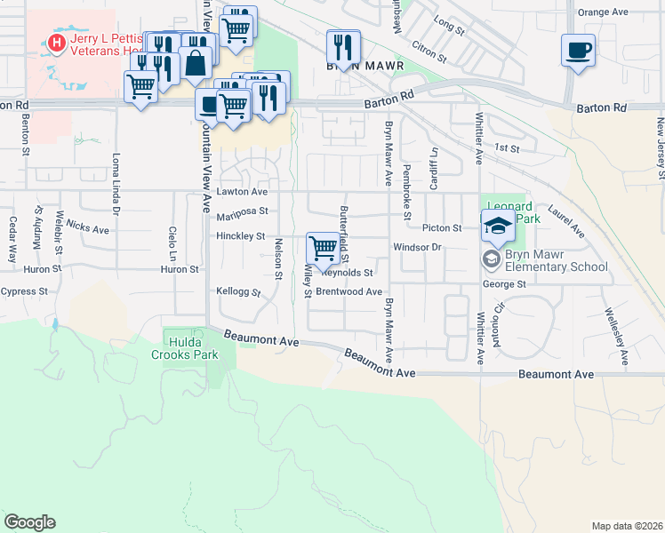 map of restaurants, bars, coffee shops, grocery stores, and more near 11615 Butterfield Street in Loma Linda