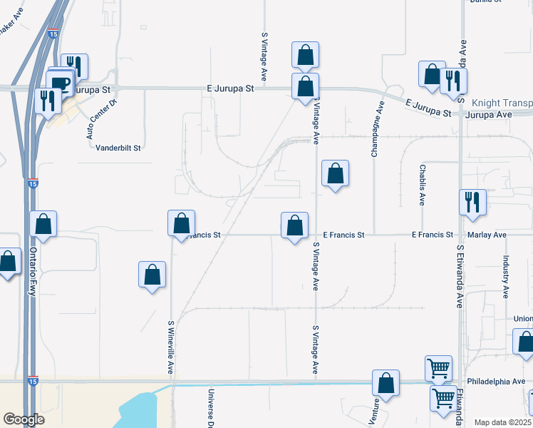 map of restaurants, bars, coffee shops, grocery stores, and more near 5151 East Francis Street in Ontario