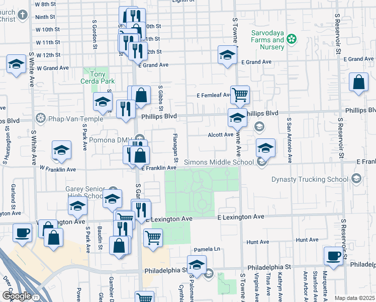 map of restaurants, bars, coffee shops, grocery stores, and more near 1607 South Palomares Street in Pomona