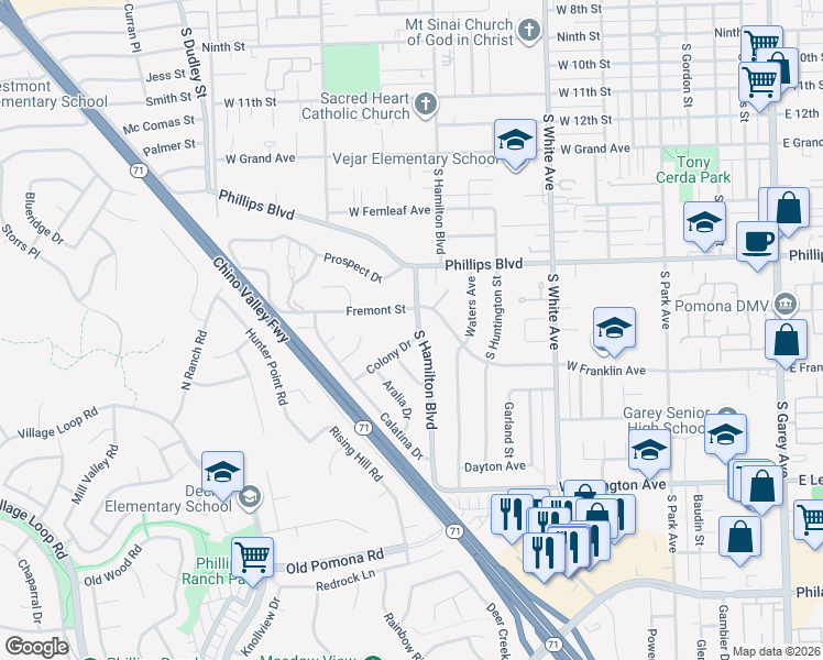 map of restaurants, bars, coffee shops, grocery stores, and more near 1124 Fremont Street in Pomona