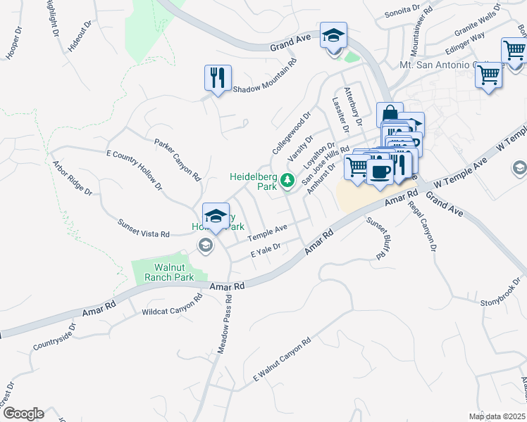 map of restaurants, bars, coffee shops, grocery stores, and more near 1364 Wake Forest Avenue in Walnut