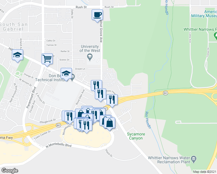 map of restaurants, bars, coffee shops, grocery stores, and more near 1116 Walnut Grove Avenue in Rosemead