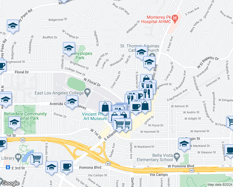 map of restaurants, bars, coffee shops, grocery stores, and more near 1155 College View Drive in Monterey Park