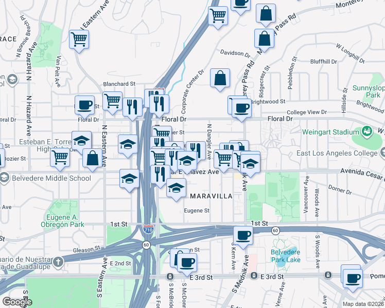 map of restaurants, bars, coffee shops, grocery stores, and more near 510 North McDonnell Avenue in East Los Angeles
