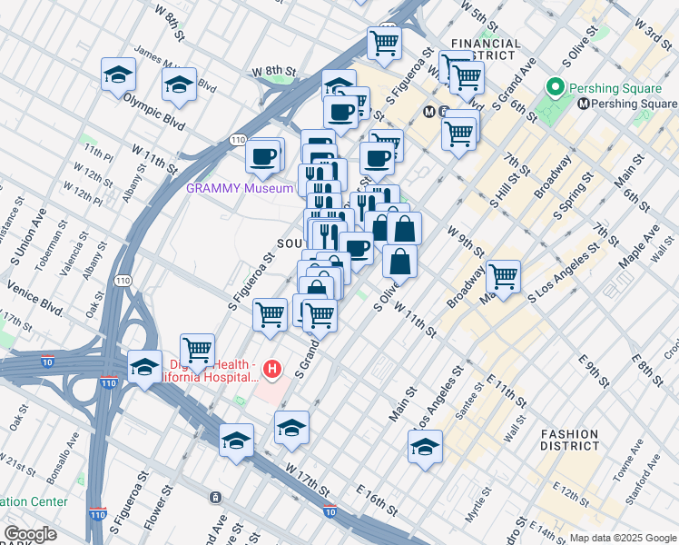 map of restaurants, bars, coffee shops, grocery stores, and more near 1091 South Hope Street in Los Angeles
