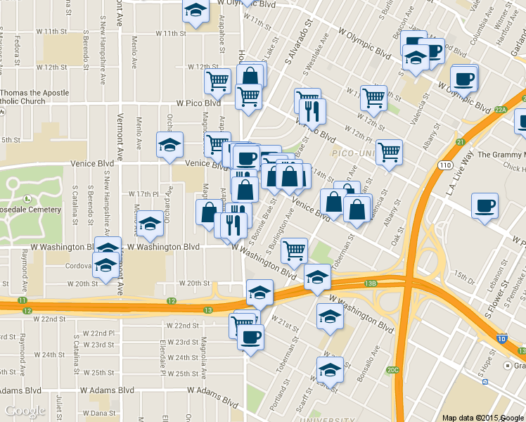 map of restaurants, bars, coffee shops, grocery stores, and more near 1611 South Bonnie Brae Street in Los Angeles
