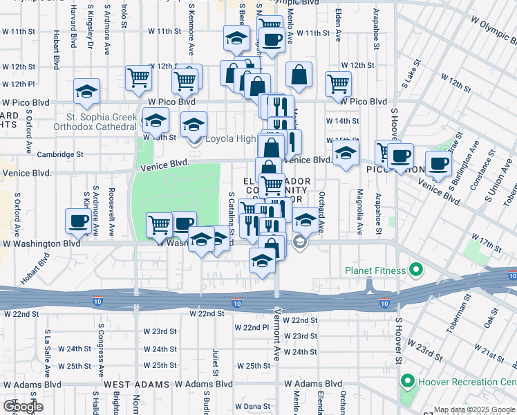 map of restaurants, bars, coffee shops, grocery stores, and more near 1712 South Berendo Street in Los Angeles