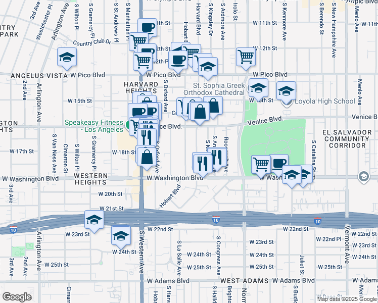 map of restaurants, bars, coffee shops, grocery stores, and more near 1706 South Hobart Boulevard in Los Angeles