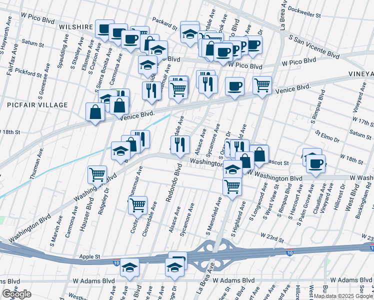 map of restaurants, bars, coffee shops, grocery stores, and more near 1854 South Cloverdale Avenue in Los Angeles