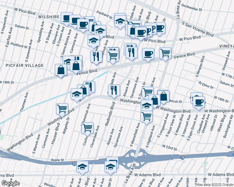 map of restaurants, bars, coffee shops, grocery stores, and more near 1854 South Cloverdale Avenue in Los Angeles