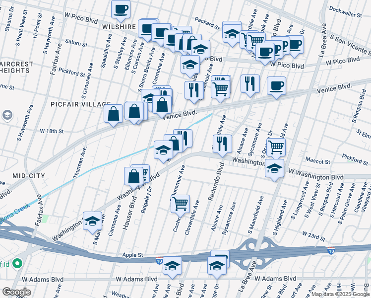 map of restaurants, bars, coffee shops, grocery stores, and more near 1830 Dunsmuir Avenue in Los Angeles