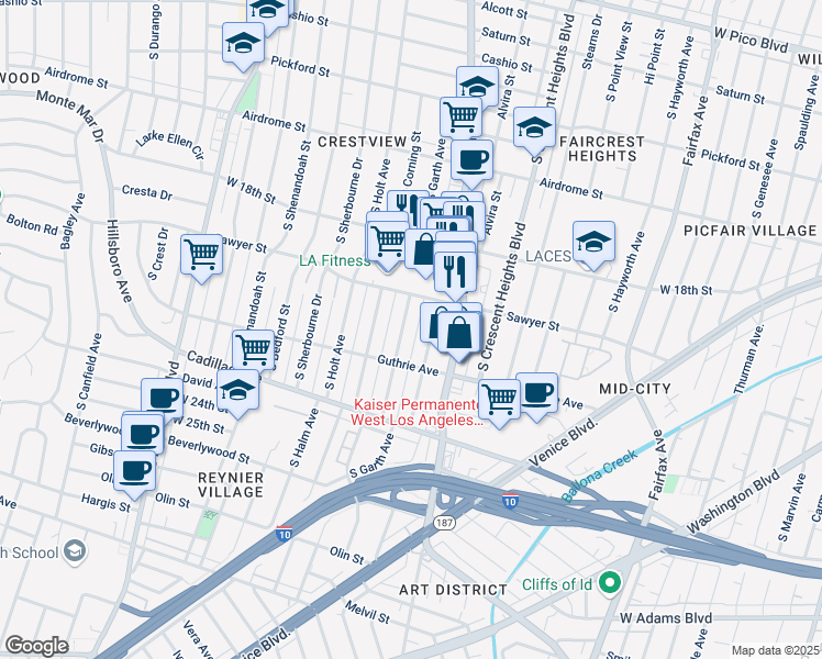 map of restaurants, bars, coffee shops, grocery stores, and more near 1916 South Garth Avenue in Los Angeles