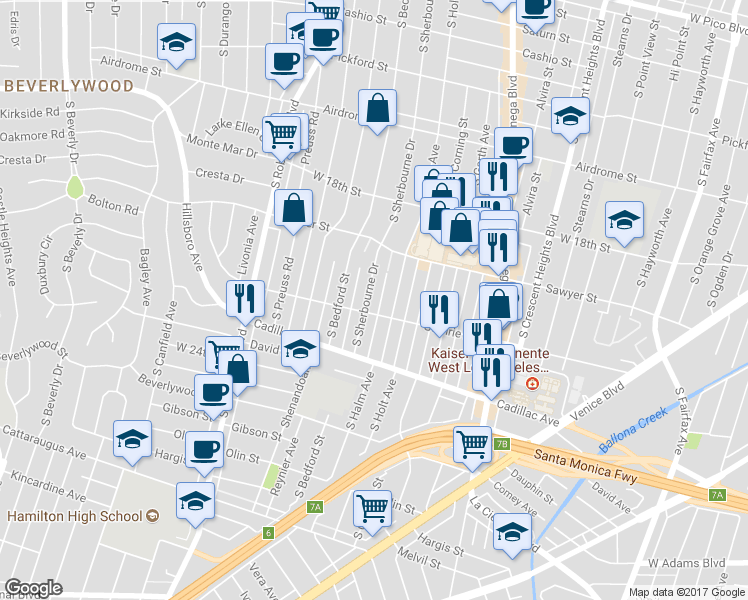 map of restaurants, bars, coffee shops, grocery stores, and more near 1935 South Holt Avenue in Los Angeles