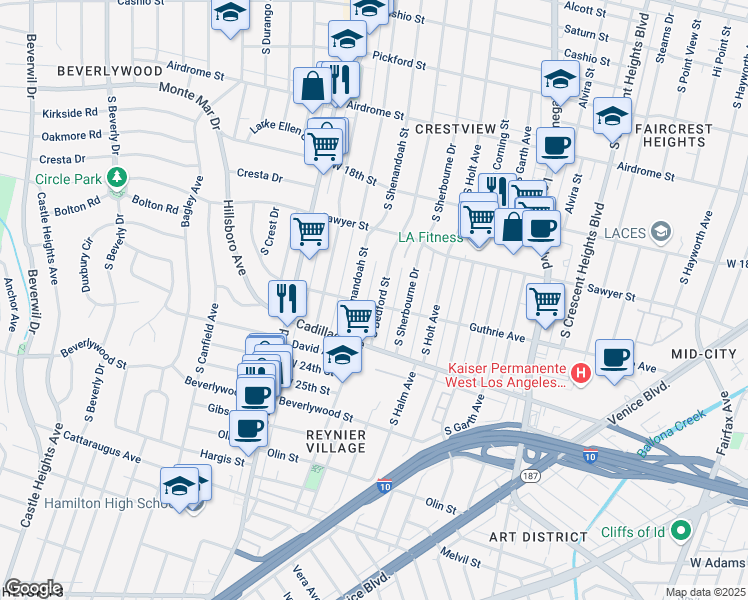 map of restaurants, bars, coffee shops, grocery stores, and more near 1954 South Shenandoah Street in Los Angeles