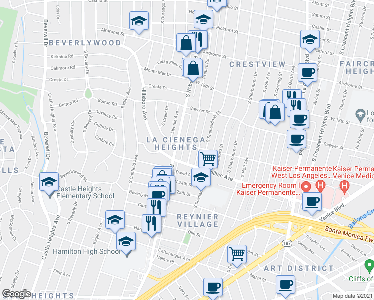 map of restaurants, bars, coffee shops, grocery stores, and more near 1957 Preuss Road in Los Angeles