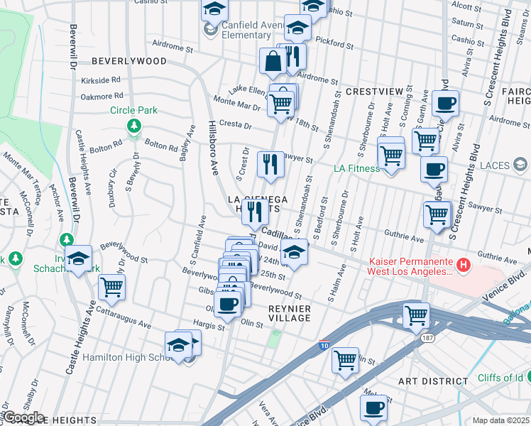 map of restaurants, bars, coffee shops, grocery stores, and more near 1952 South Robertson Boulevard in Los Angeles