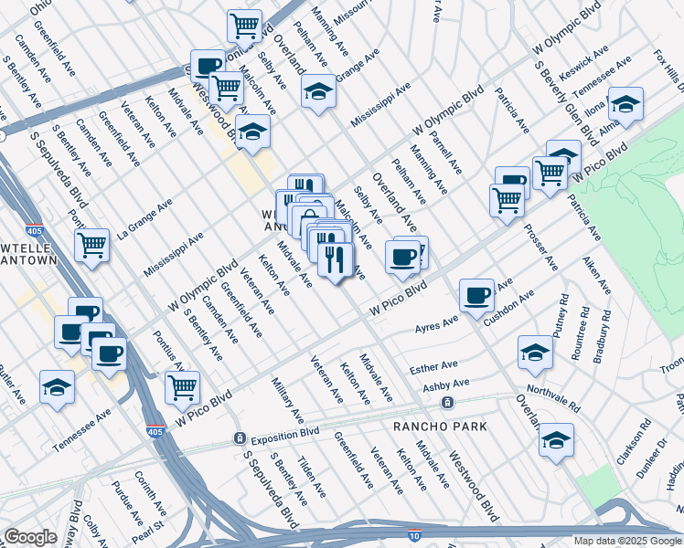 map of restaurants, bars, coffee shops, grocery stores, and more near 2311 Glendon Avenue in Los Angeles