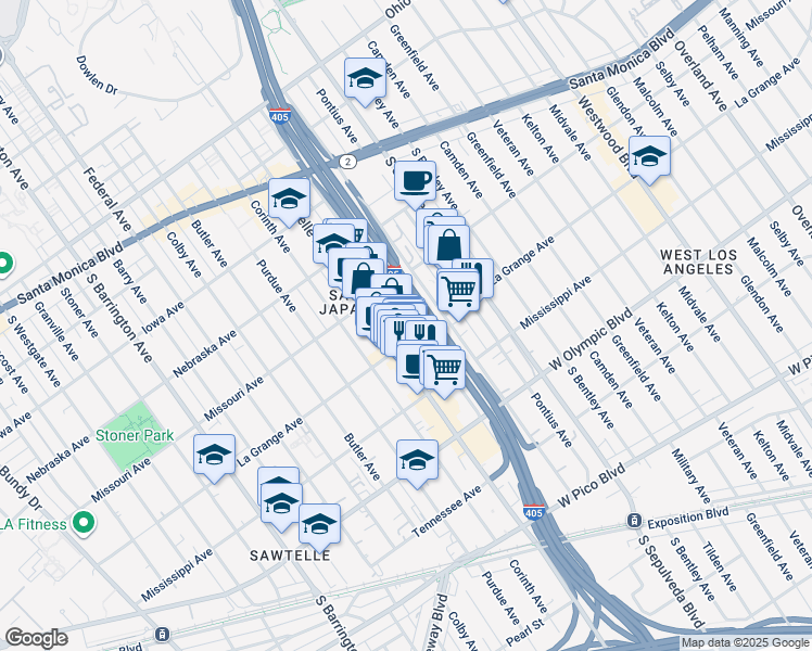map of restaurants, bars, coffee shops, grocery stores, and more near 1939 Beloit Avenue in Los Angeles