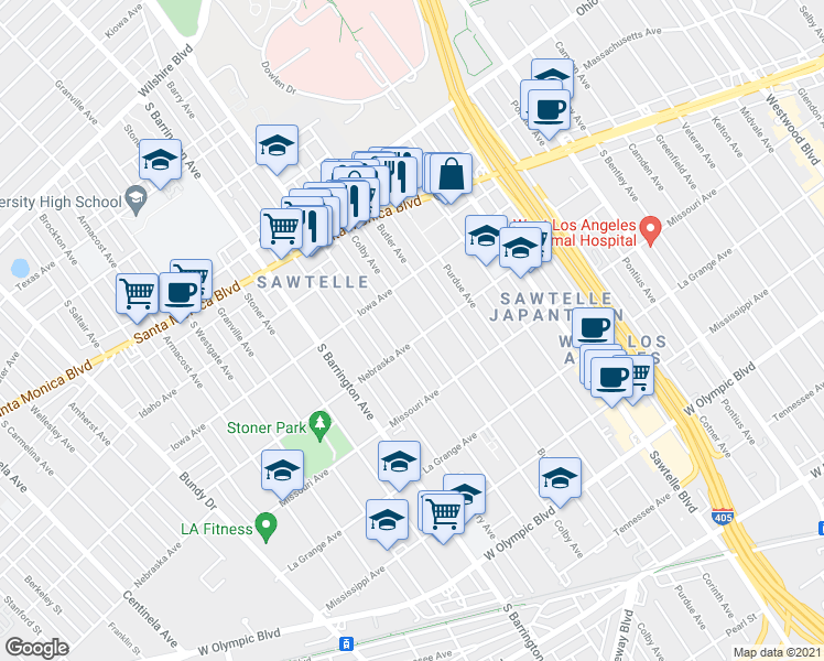 map of restaurants, bars, coffee shops, grocery stores, and more near 1724 Colby Avenue in Los Angeles