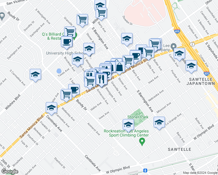 map of restaurants, bars, coffee shops, grocery stores, and more near 1515 Granville Avenue in Los Angeles