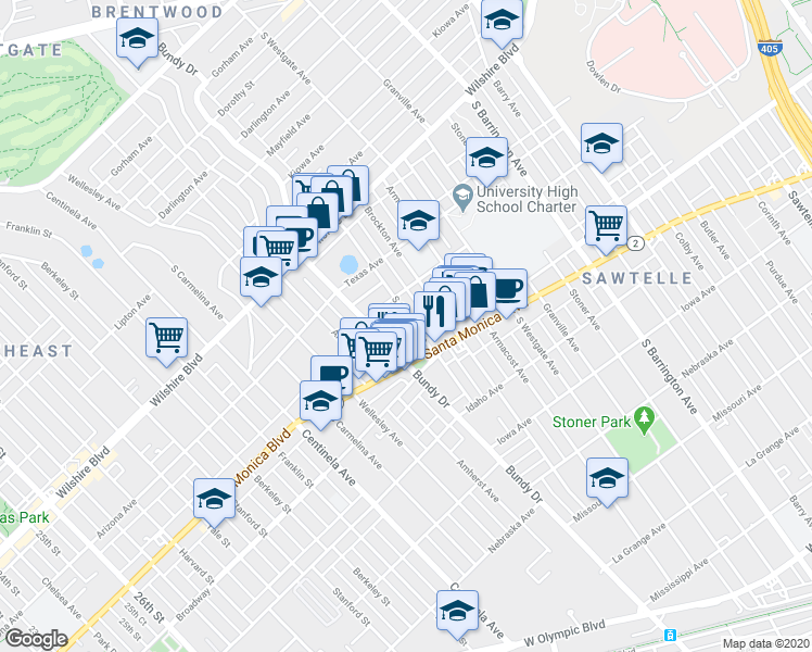map of restaurants, bars, coffee shops, grocery stores, and more near 12000 Rochester Avenue in Los Angeles