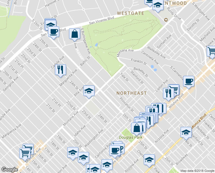 map of restaurants, bars, coffee shops, grocery stores, and more near 2722 Montana Avenue in Santa Monica