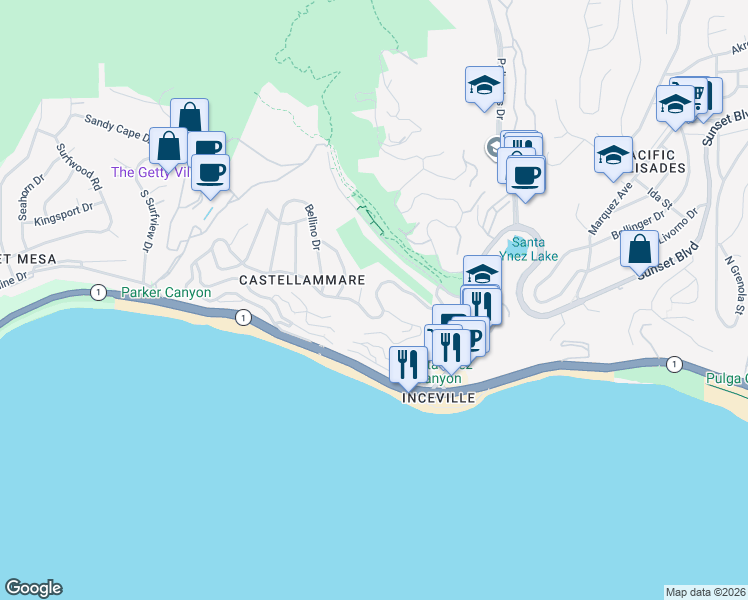 map of restaurants, bars, coffee shops, grocery stores, and more near 17463 Tramonto Drive in Los Angeles