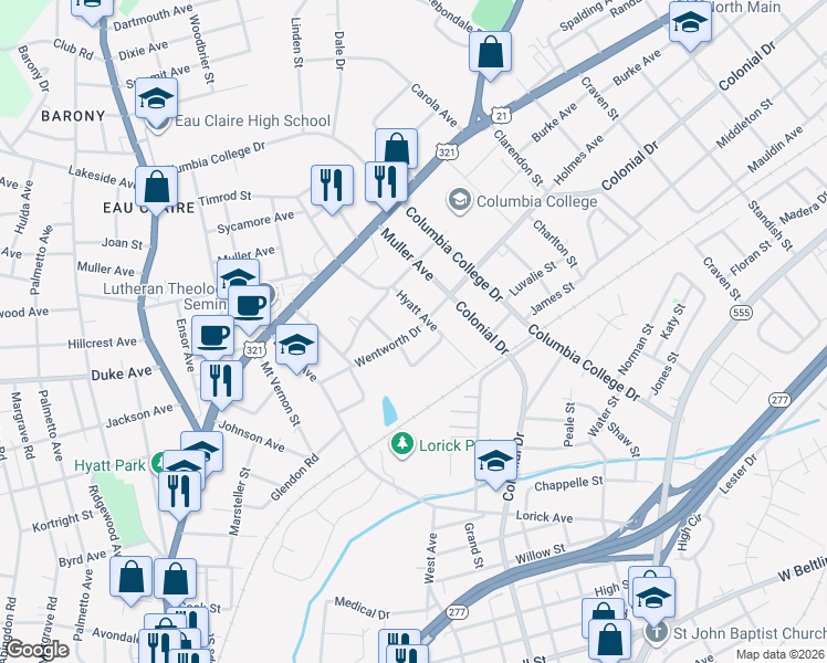 map of restaurants, bars, coffee shops, grocery stores, and more near 1410 Hyatt Avenue in Columbia