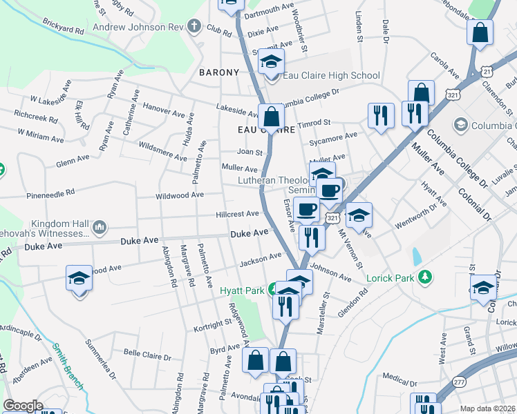 map of restaurants, bars, coffee shops, grocery stores, and more near 4231 Monticello Road in Columbia