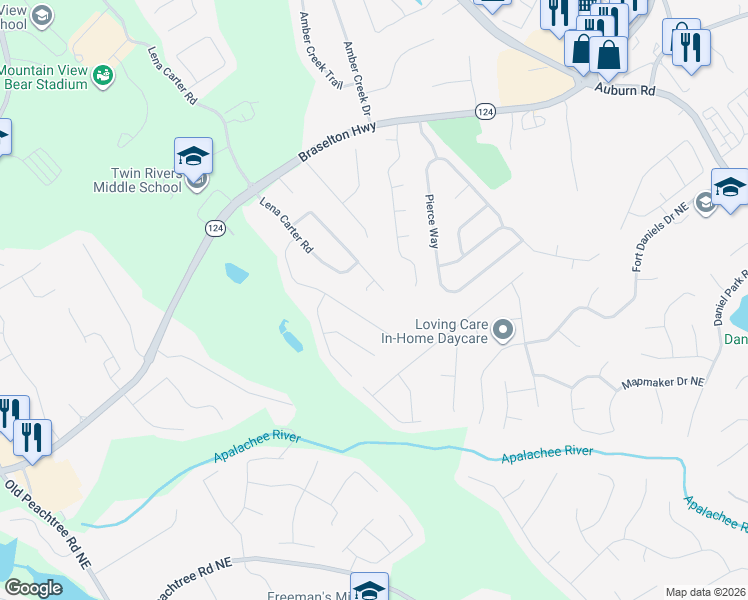 map of restaurants, bars, coffee shops, grocery stores, and more near 2305 Hampton Park Court in Buford