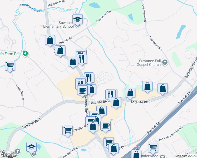 map of restaurants, bars, coffee shops, grocery stores, and more near 327 Myrtle Trace Lane in Suwanee