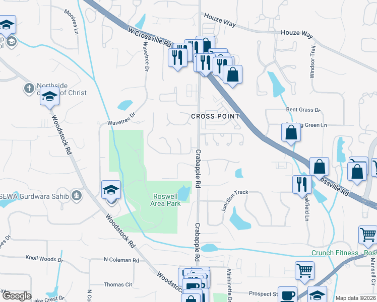 map of restaurants, bars, coffee shops, grocery stores, and more near 180 Shelli Lane in Roswell