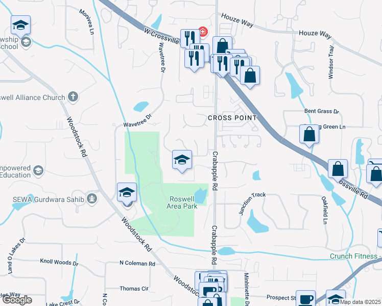map of restaurants, bars, coffee shops, grocery stores, and more near 805 Doe Hill Lane in Roswell