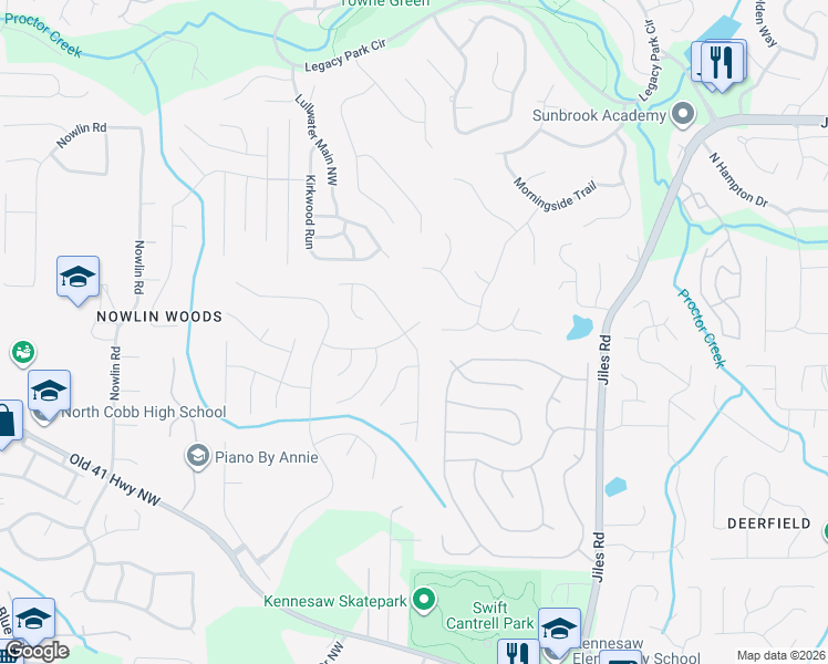 map of restaurants, bars, coffee shops, grocery stores, and more near 3160 Elmendorf Drive Northwest in Kennesaw