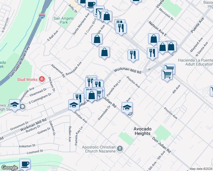 map of restaurants, bars, coffee shops, grocery stores, and more near 420 Workman Mill Road in La Puente