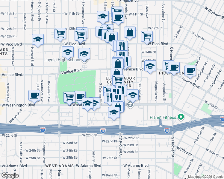map of restaurants, bars, coffee shops, grocery stores, and more near 1712 South Berendo Street in Los Angeles