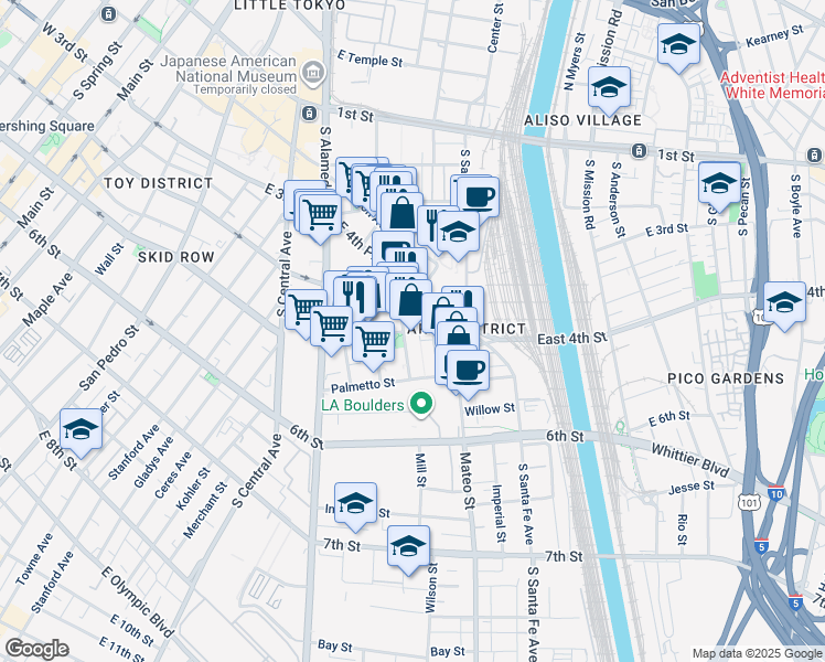 map of restaurants, bars, coffee shops, grocery stores, and more near 510 South Hewitt Street in Los Angeles