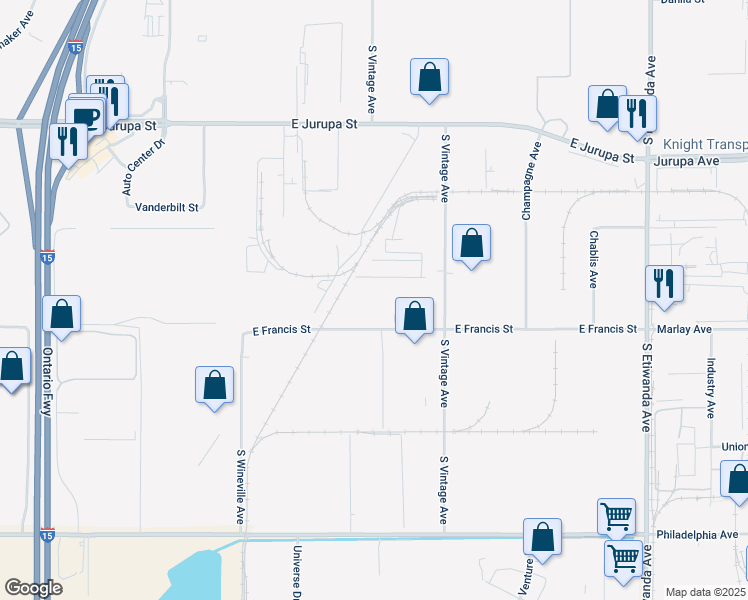 map of restaurants, bars, coffee shops, grocery stores, and more near 5491 East Francis Street in Ontario