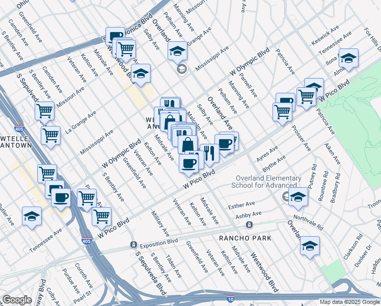 map of restaurants, bars, coffee shops, grocery stores, and more near 2311 Glendon Avenue in Los Angeles