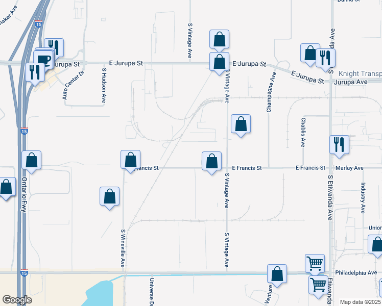 map of restaurants, bars, coffee shops, grocery stores, and more near 5491 East Francis Street in Ontario