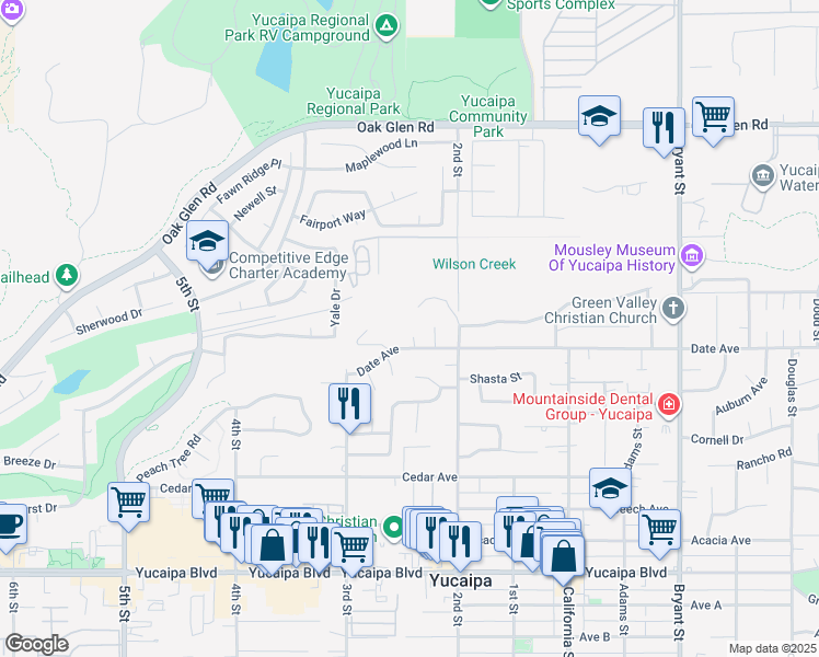 map of restaurants, bars, coffee shops, grocery stores, and more near 11674 Oak Lane in Yucaipa
