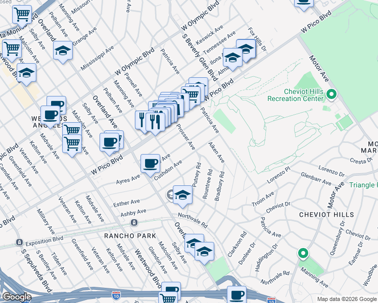 map of restaurants, bars, coffee shops, grocery stores, and more near 10559 Cushdon Avenue in Los Angeles